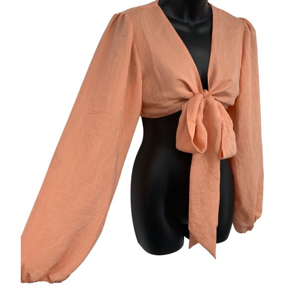 Alice Elle Coral Long-Sleeve Tie-Front Crop Top Size 10 Lightweight Linen New - Picture 3 of 5